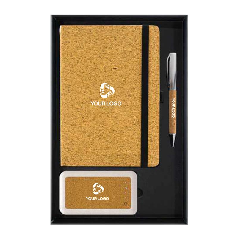 Promotional Gift Sets With Cushioned Gift Boxes - Cork Notebook & Metal pen Cork & Straw Powerbank